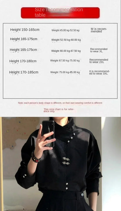 Style National Style Satin Irregular Dark Pattern Stand Collar Trendy Retro Metal Plate Button Long-sleeved Shirt for Men Women