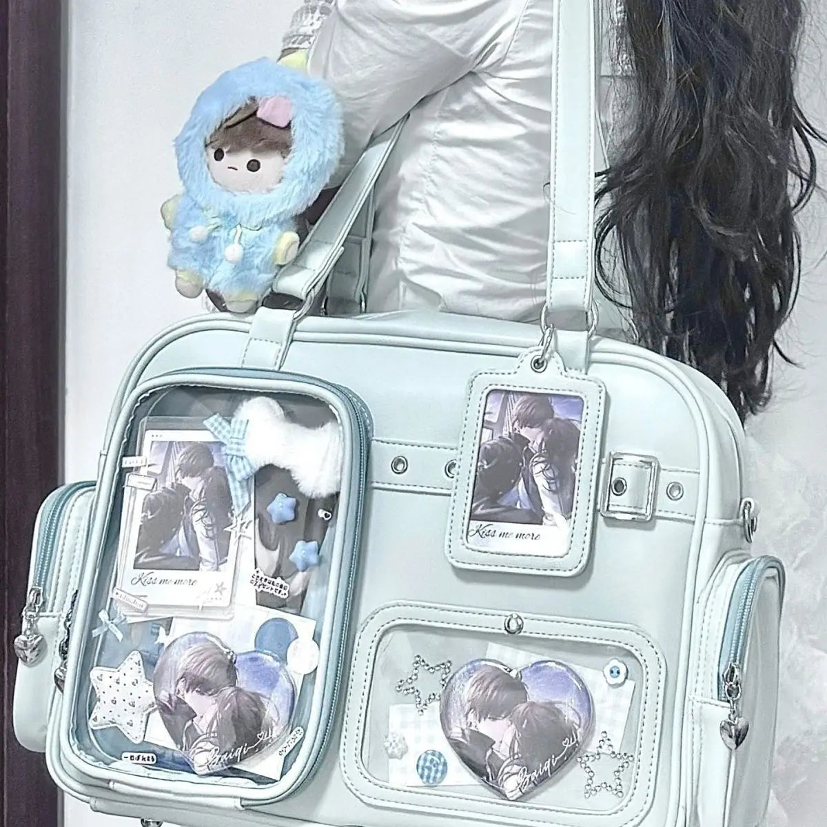Harajuku Pin Doll 20cm Display Ita Bag Women PU Leather Preppy Style Large Capacity Shoulder Bag Ladies Daily Crossbody Bag Chic