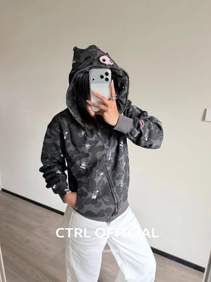 In  Stock  Anime Hello Kittys Hooded Jacket Girl Commuting Coat Jacket Kuromi Anime 3d Ears Hooded Cute Leopard Print Clothes