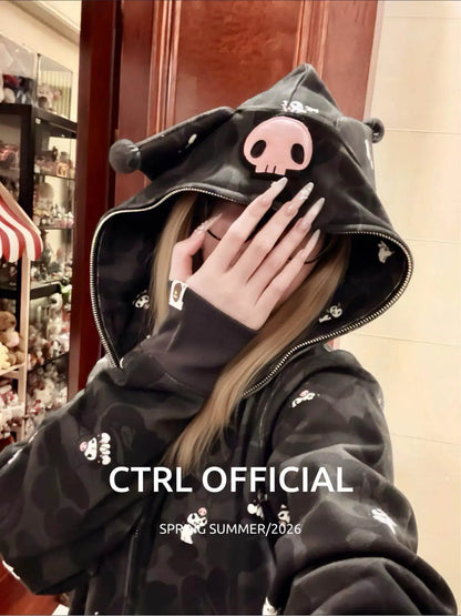 In  Stock  Anime Hello Kittys Hooded Jacket Girl Commuting Coat Jacket Kuromi Anime 3d Ears Hooded Cute Leopard Print Clothes