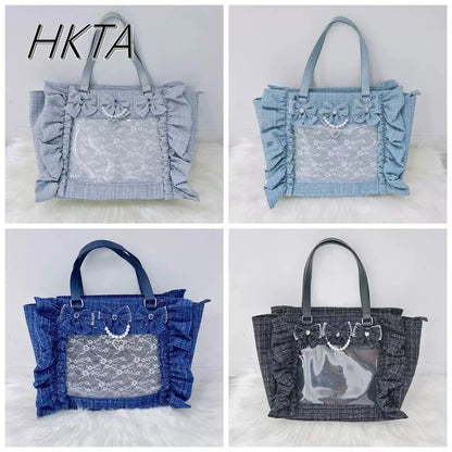 Japanese Style Mine Bags Women Ruffled Lace Lolita Girls Rhienstone Pearl Bowknot Square Tote Shoulder Portable Bolso Handbags