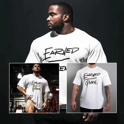 Apex Ritual – Earned Not Given Men's Gym T-Shirt – Bold Text Oversized Crew Neck Lifting Tee