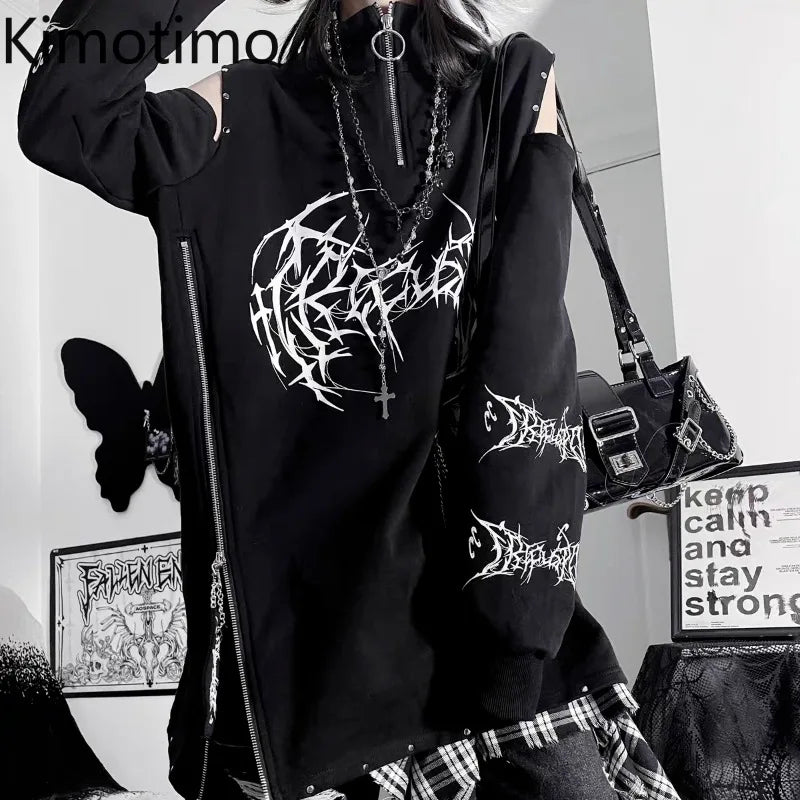 Kimotimo Punk Printed Long Sleeve T-shirt Women Harajuku Off Shoulder Zipper Stand Collar Niche Tops Vintage Gothic Loose Tees