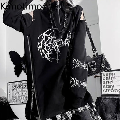 Kimotimo Punk Printed Long Sleeve T-shirt Women Harajuku Off Shoulder Zipper Stand Collar Niche Tops Vintage Gothic Loose Tees