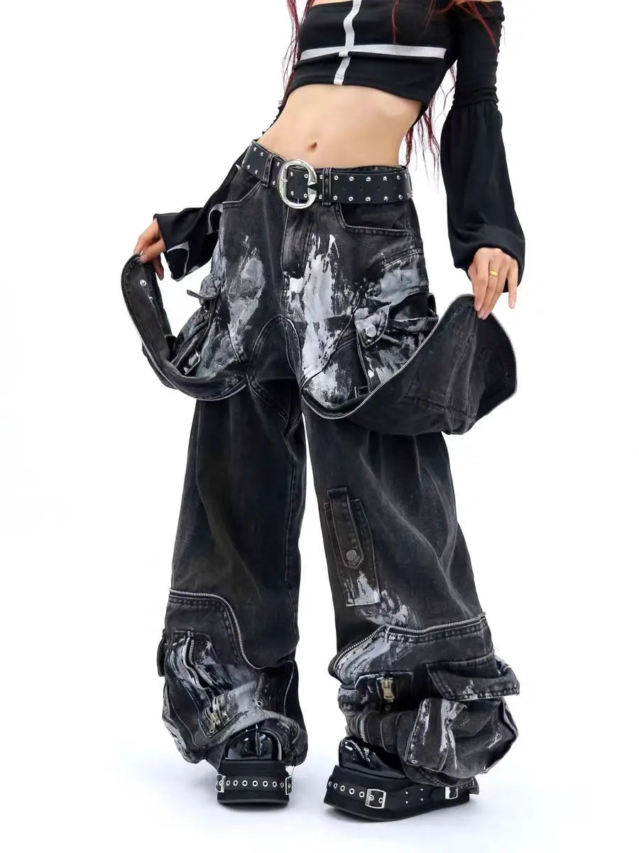 American Oversized Retro Pocket Folding Jeans For Men And Women Washed Tie Dye Heavy Industry Gothic Hip-Hop Zipper Loose Jeans