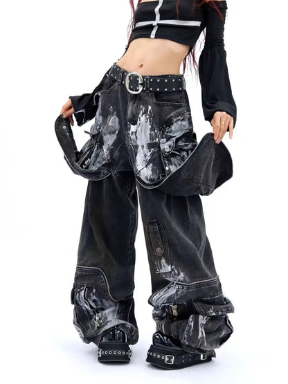 American Oversized Retro Pocket Folding Jeans For Men And Women Washed Tie Dye Heavy Industry Gothic Hip-Hop Zipper Loose Jeans
