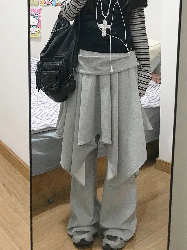 ReddaChic Wrappd Gray Sweatpants Lounge Elastic Waist Wide Leg Irregular Skirt Layering Trousers Grunge Korean Women Clothes