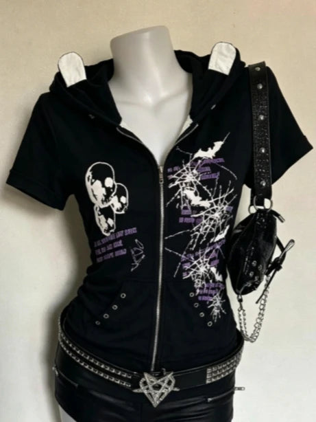 Women's Subculture Skull Print Fake Two-Piece T-Shirt Summer Gothic Slim Fit Halter Tops Y2K Harajuku Grunge Punk Fashion Tees