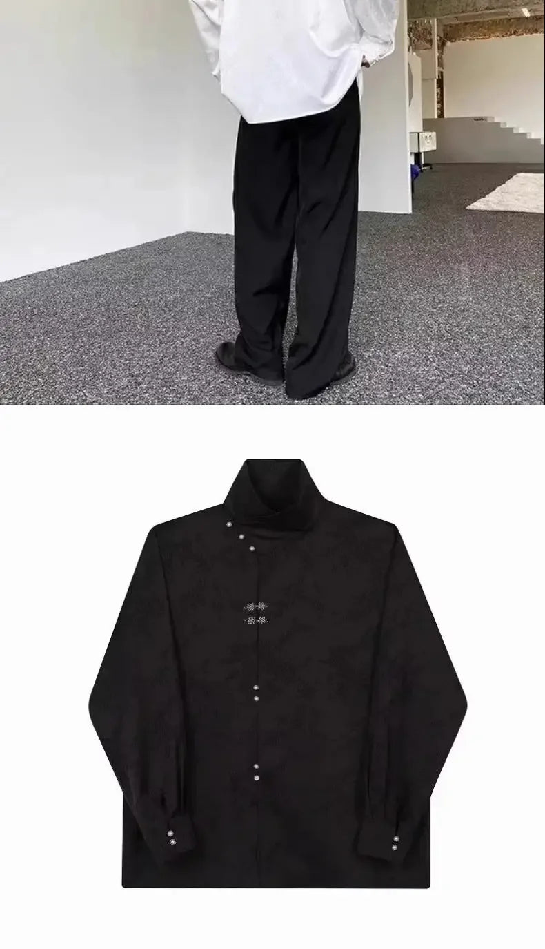 Style National Style Satin Irregular Dark Pattern Stand Collar Trendy Retro Metal Plate Button Long-sleeved Shirt for Men Women