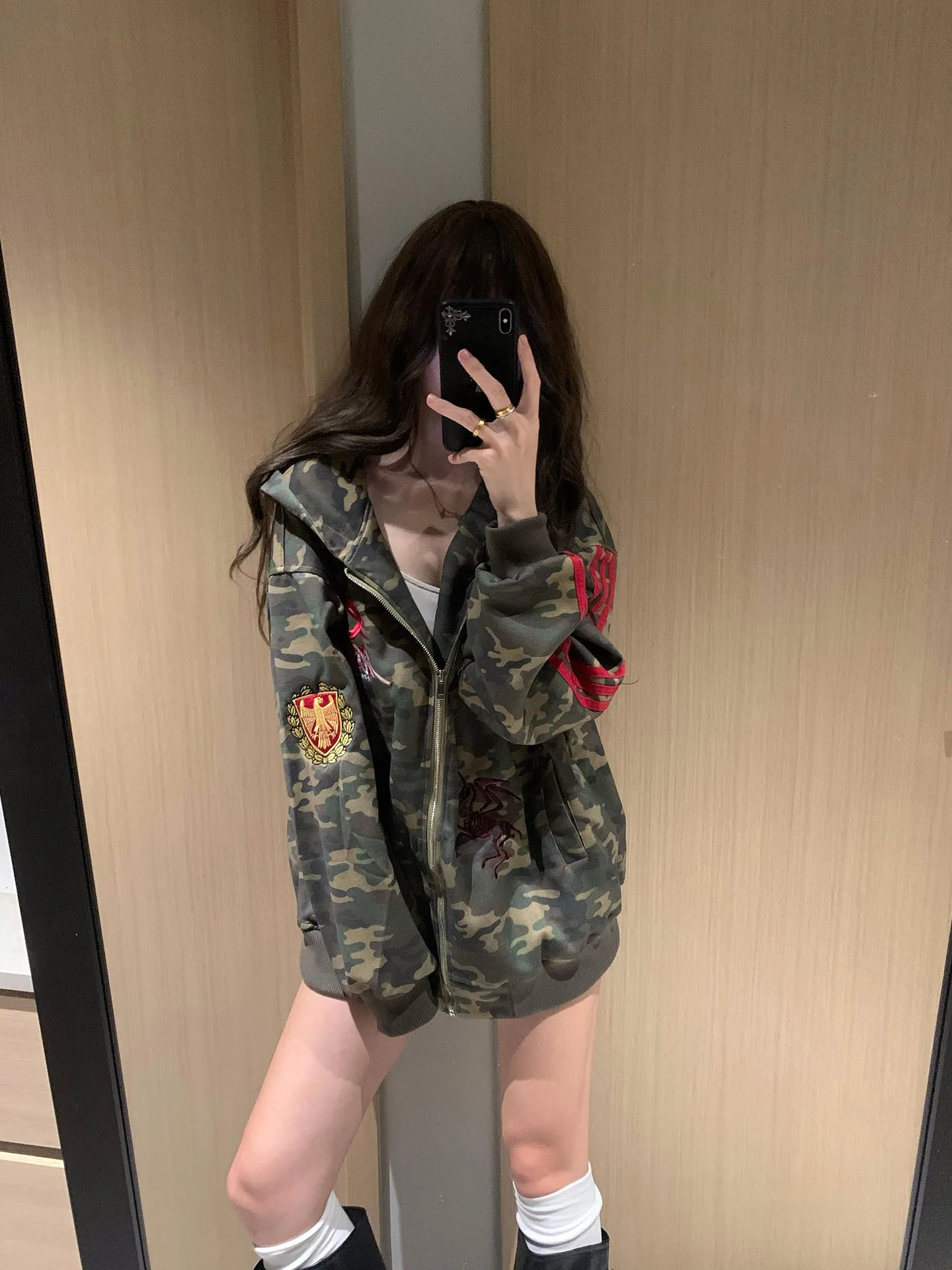 Apex Ritual – アメリカンレトロ迷彩パーカー女性 – 韓国風オーバーサイズカーディガン