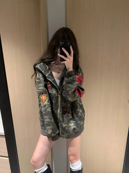 Apex Ritual – アメリカンレトロ迷彩パーカー女性 – 韓国風オーバーサイズカーディガン
