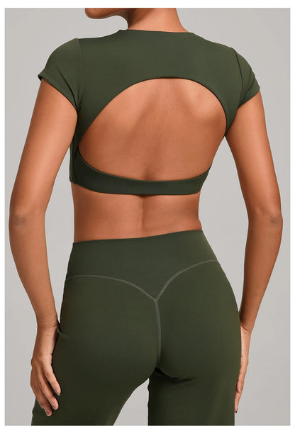 Hollow Backless Short Sleeve Sporty Slim T-shirt Women Crop Top Breathable Quick Dry Gym Workout Top Sport Shirt Fitness Clothes