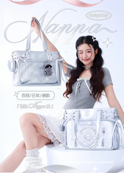 Japanese New Girls Silver Shoulder Bag Large Capacity Ribbon Itabag Student Women's Satin Messenger Bag Leather Backpacks