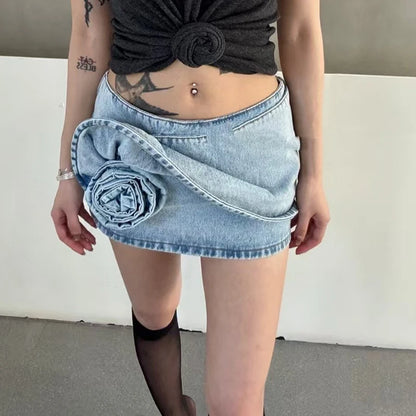 Women's Cowboy Rose Mini Skirt, Fashion Sexy Slim Ultra Short Skirt, Three-dimensional Flower Decoration Half-body Skirt, 2025,