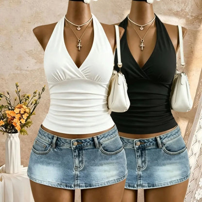 Women's Y2K Ruched Halter Crop Top