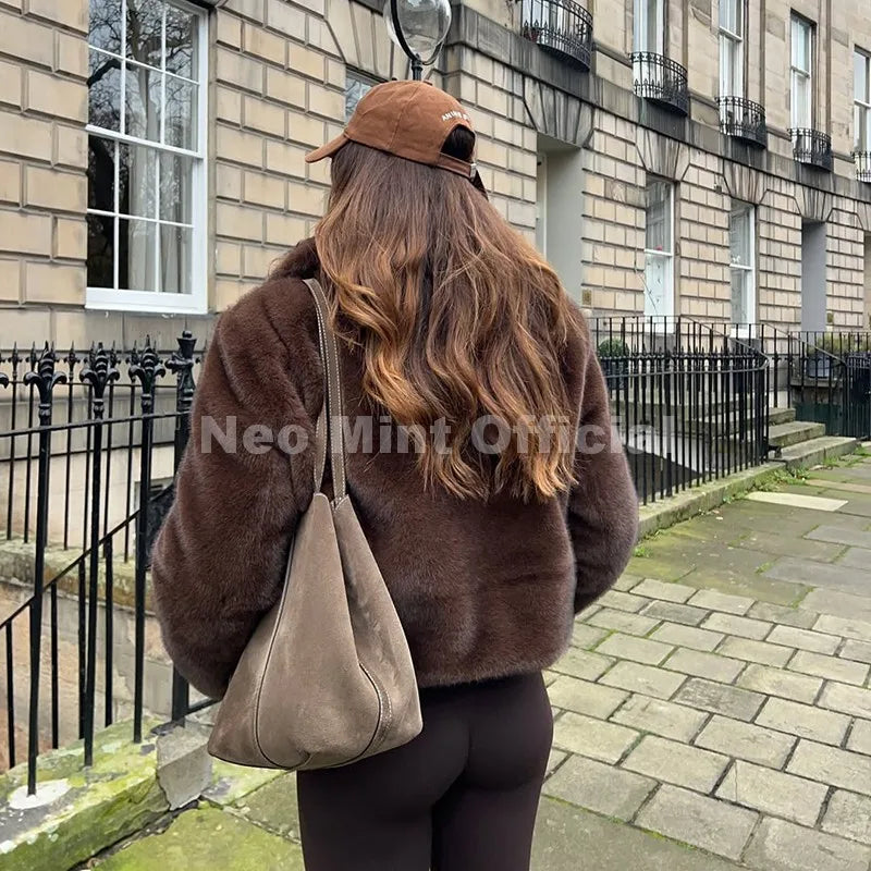 Neo Mint Cool Street Girls Fashion Brown Faux Fur Jacket Women Luxury Fake Mink Fur Coat 2025 Autumn Winter Warm Short Overcoat