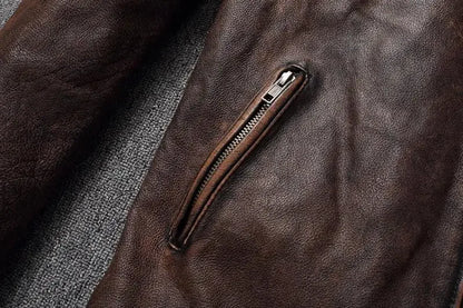 Vintage Black Brown Real Cowhide Genuine Leather Jacket Real Fur Men's Leather Jacket Bomber Men Leather Jacket Motorcycle Coat