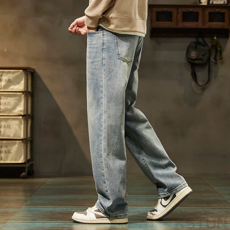 KSTUN Light Blue Baggy Pant Men Wide Leg Jeans Loose Straight Casaul Streetwear Vintage Men's Trousers 100% Cotton Large Size 40