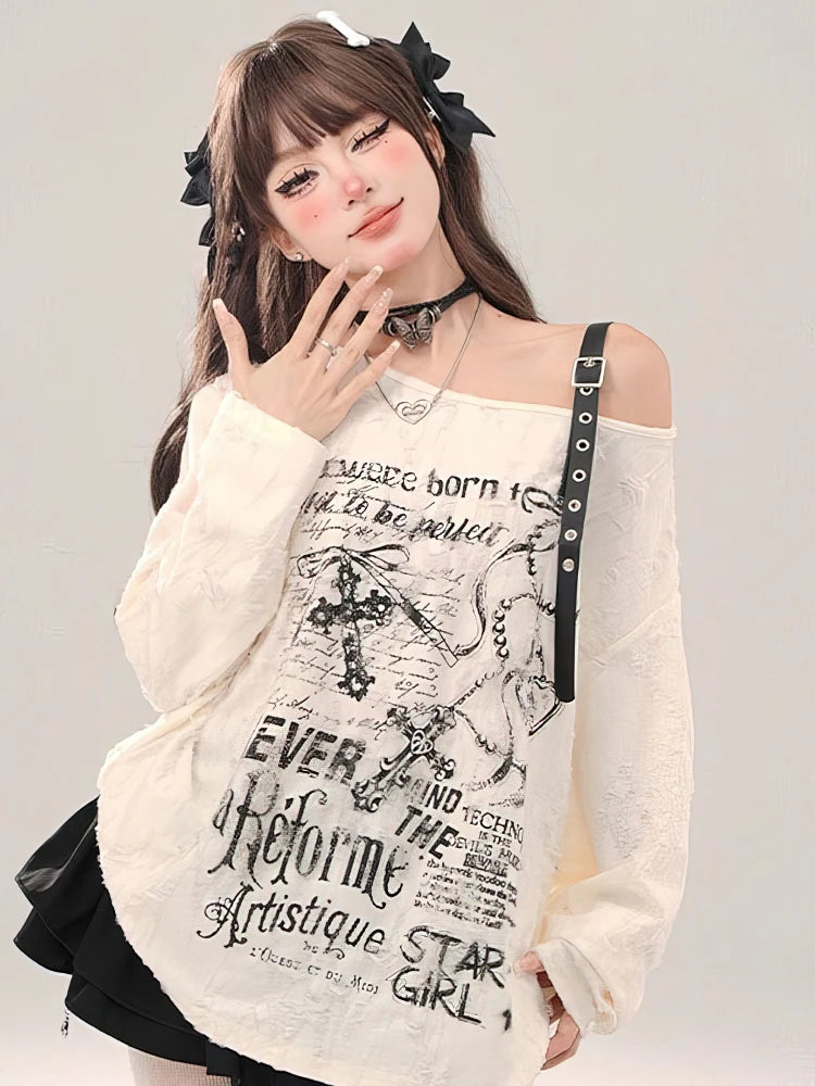 Gothic Vintage Oversize Long sleeve T shirt Women Sweet Sexy Off shoulder Tops Spring Autumn Fashion Holes Basic Tees