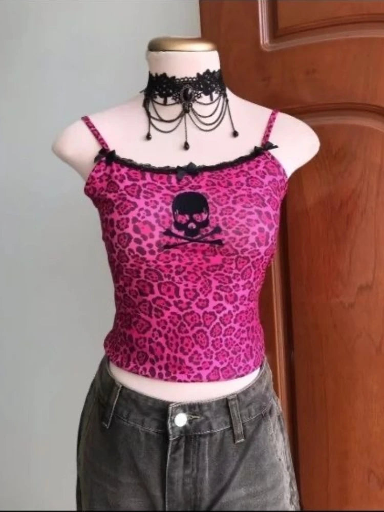 2000s American Vintage Sexy Leopard Camis Y2k Harajuku Slim Lace Patchwork Tanks Summer Streetwear Beach Party Sleeveless Tops
