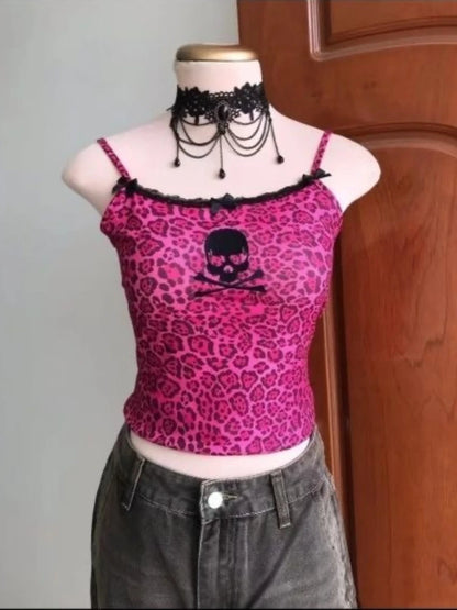 2000s American Vintage Sexy Leopard Camis Y2k Harajuku Slim Lace Patchwork Tanks Summer Streetwear Beach Party Sleeveless Tops
