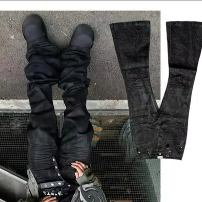 American retro heavy industry men and women black gothic retro casual loose jeans High street coated micro-flare jeans