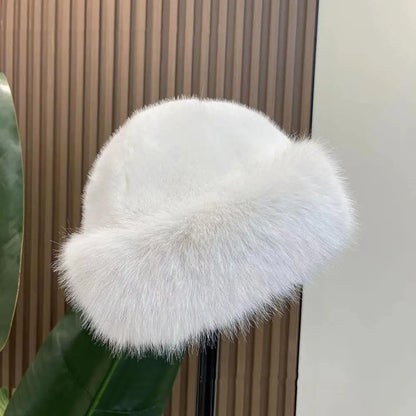 2025 New Women's Plush Fox Ear Bucket Hat Windproof Integrated Cap Scarf Trendy Cute Plush Neck Warm Hat Scarf Balaclava Hat