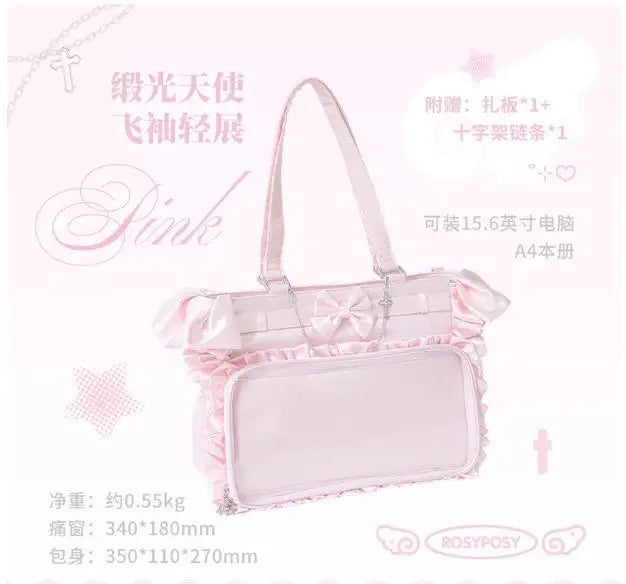Japanese New Girls Silver Shoulder Bag Large Capacity Ribbon Itabag Student Women's Satin Messenger Bag Leather Backpacks