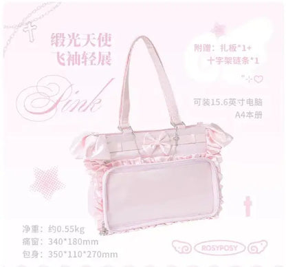 Japanese New Girls Silver Shoulder Bag Large Capacity Ribbon Itabag Student Women's Satin Messenger Bag Leather Backpacks