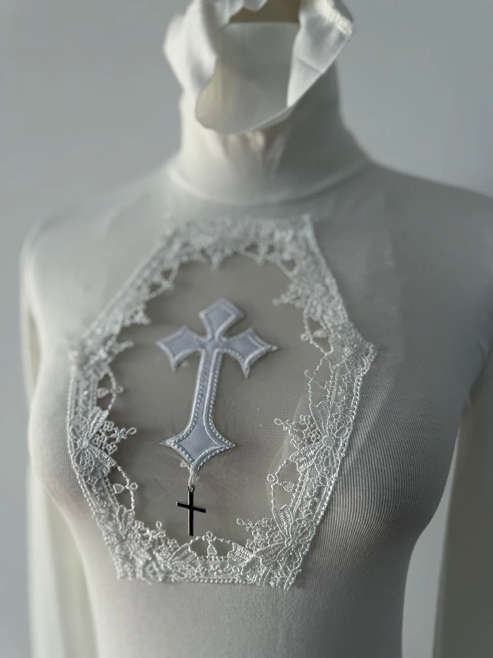 High Neck Dark Gothic Cross Hollow Slimming Bottom Knitted Shirt for Women Halloween Costume Long Sleeve Sexy T-shirt Women Tops