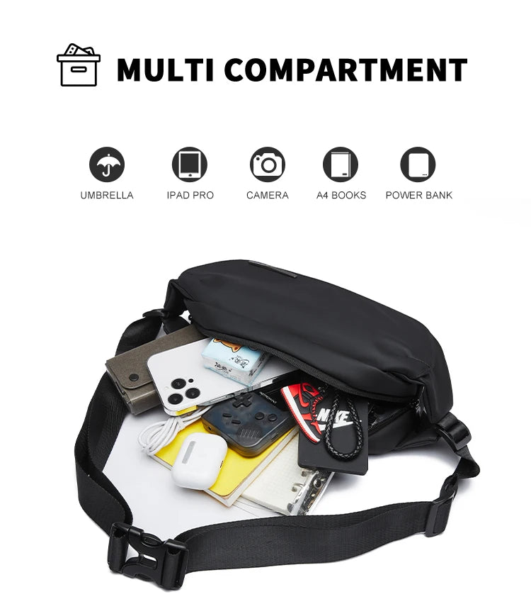 MATE ELAN Urban Business Thin Crossbody Shoulder Bag Men Fashion Waterproof Waist Fanny Pack Chest Bags Black Best iPad Bumbag