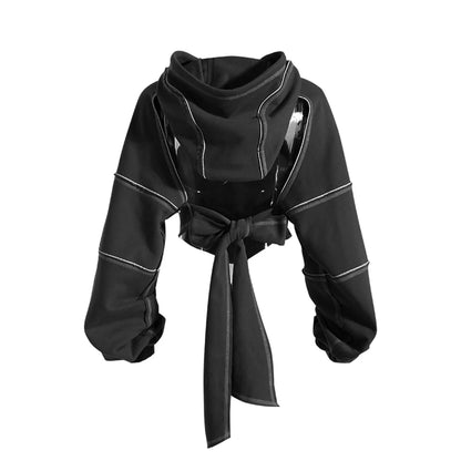 Color Blocking Bright Line Decoration Women High Street Hoodies Y2K Clothes Harajuku Hollow Out Back Lace-up Long Sleeve Tops