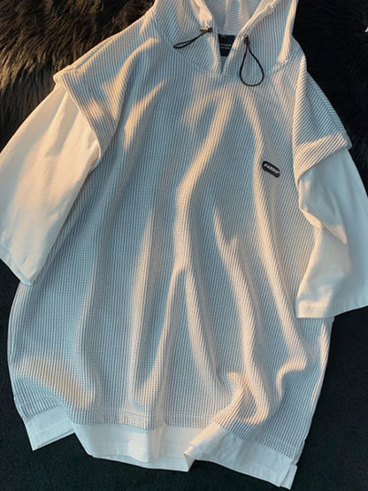 Summer Men's Large Size Sports Suit Breathable Casual Wear Wild High Street Chic Fake Two-piece Casual T-shirt + Simple Shorts