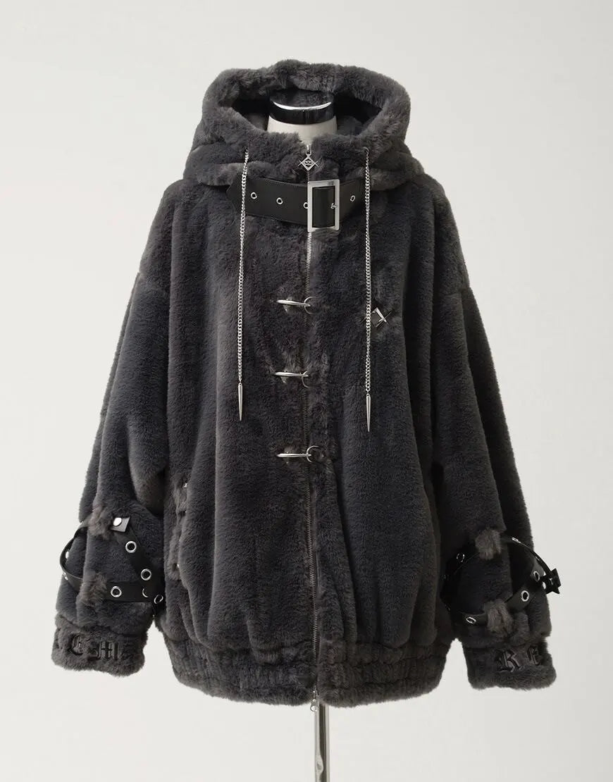 Lautaro Autumn Winter Thick Warm Faux Fur Coat Women with Hood Zipper Luxury Japanese Style Punk Harajuku Fluffy Jacket 2026