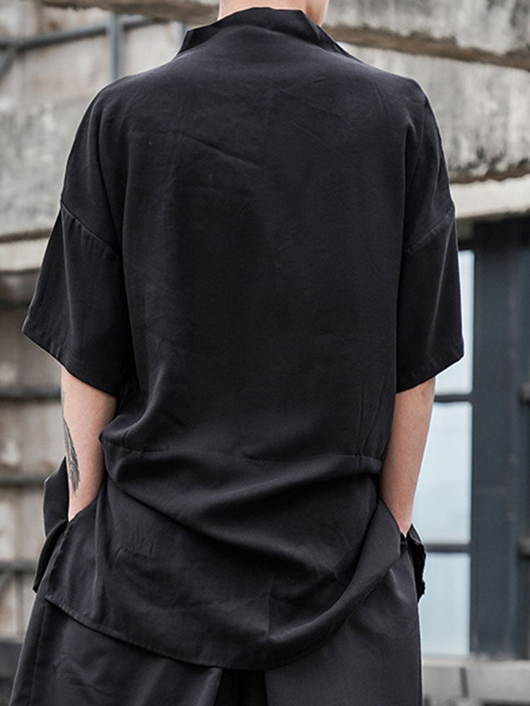 Japanese Stylish Retro Harajuku Button Blouses Men's Five-point Sleeve Small Stand Collar Loose Large Size Korean Shirt
