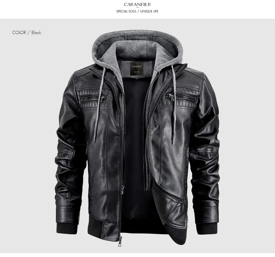 CARANFIER Men PU Leather Jacket Male Moto Biker Hooded Luxury Coats Clothing Faux Vintage Outerwear Chaqueta Hombre Dropshipping