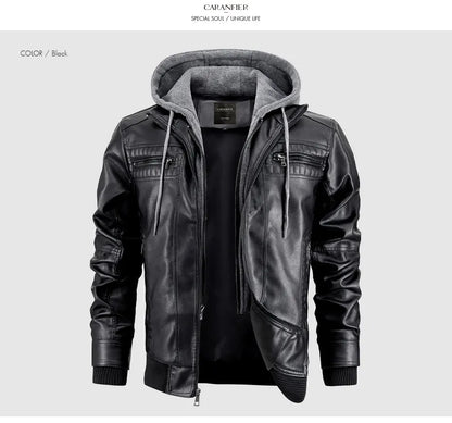 CARANFIER Men PU Leather Jacket Male Moto Biker Hooded Luxury Coats Clothing Faux Vintage Outerwear Chaqueta Hombre Dropshipping