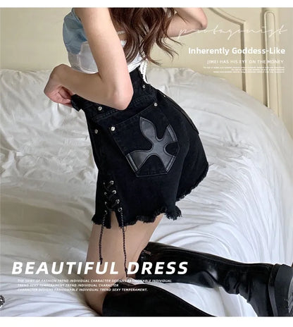 High Waist plus Size Slimming A-Line Wide Leg Super Short Hot Girl Denim Shorts Women's Summer Trendy Black Jeans  Skirt