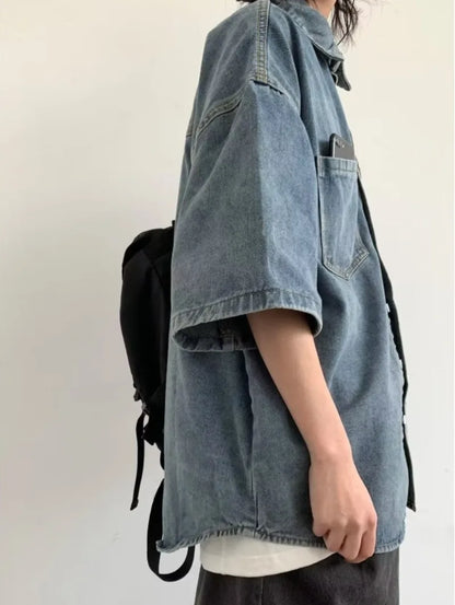 Harajuku Tooling Mens Sets 2024 Summer American Street Retro Denim Suit Hip Hop Printed Cowboy Shirt+Wide Leg Jeans 2-pcs New