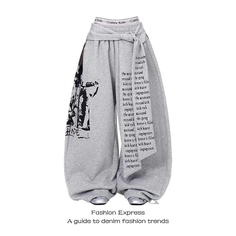 ZHIZOU Women Gray Gothic Baggy Y2k Letter Print Pants Harajuku 2000s Vintage - APEX RITUAL women's pants