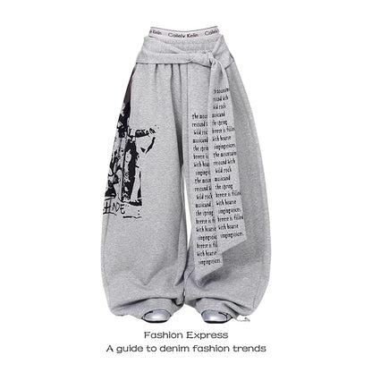 ZHIZOU Women Gray Gothic Baggy Y2k Letter Print Pants Harajuku 2000s Vintage - APEX RITUAL women's pants