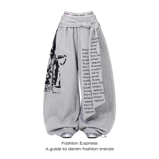 ZHIZOU Women Gray Gothic Baggy Y2k Letter Print Pants Harajuku 2000s Vintage - APEX RITUAL women's pants