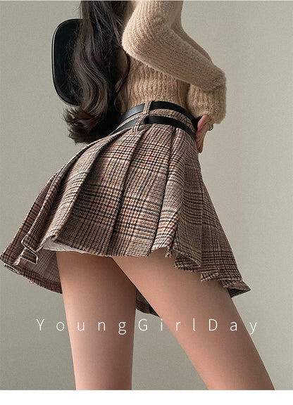 WOMENGAGA Preppy Style High Waist Slim Double Belt Slip Plaid Pleated Skirt Fashion Sexy Korean Women JK Skirts Sweet X8WN