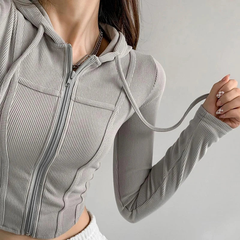 Apex Ritual – Thin Hooded Cardigan Women – Korean Vintage Slim Summer Striped Zipper Crop Top