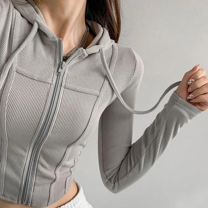 Apex Ritual – Thin Hooded Cardigan Women – Korean Vintage Slim Summer Striped Zipper Crop Top
