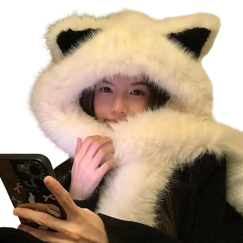 2025 New Women's Plush Fox Ear Bucket Hat Windproof Integrated Cap Scarf Trendy Cute Plush Neck Warm Hat Scarf Balaclava Hat