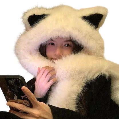 2025 New Women's Plush Fox Ear Bucket Hat Windproof Integrated Cap Scarf Trendy Cute Plush Neck Warm Hat Scarf Balaclava Hat