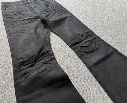 American retro heavy industry men and women black gothic retro casual loose jeans High street coated micro-flare jeans