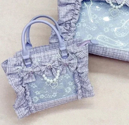 Japanese Style Mine Bags Women Ruffled Lace Lolita Girls Rhienstone Pearl Bowknot Square Tote Shoulder Portable Bolso Handbags