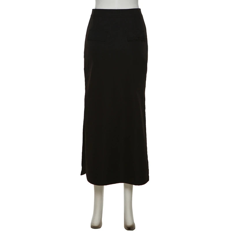 Women Midi Skirts Goth Dark Grunge Casual Tag Split Mall Gothic Punk High Raise Slim Long Skirt Y2k Sexy Fashion Streetwear